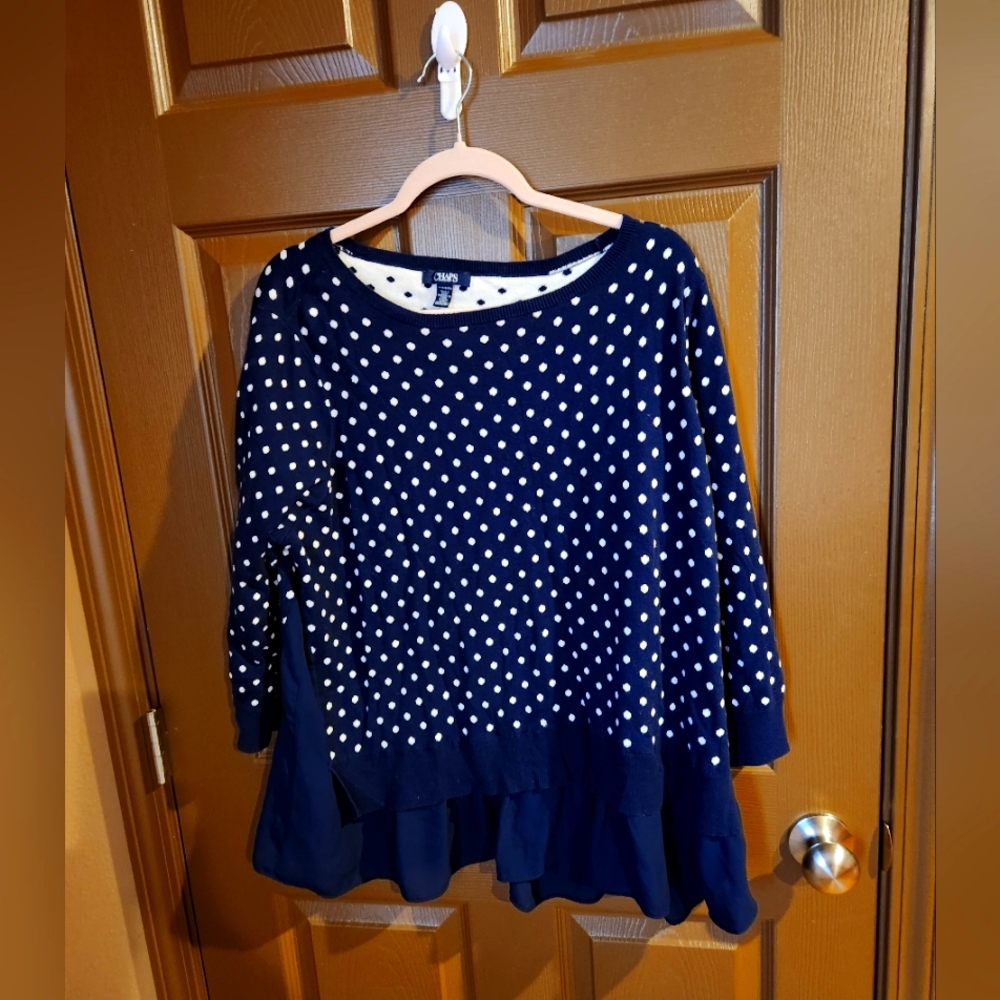 Chaps Sweater Women's 2X Blue White Polka Dot 3/4 Sleeve Ribbed Trim Crew Neck